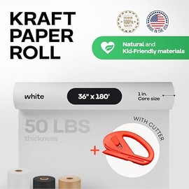 IDL Packaging White Kraft Paper Roll 36" x 2160" (180 feet) with Cutter - Quality White Paper Roll 50lb Thickness for Packing, Moving, Shipping & Crafts/Arts - Natural Wrapping Craft Paper