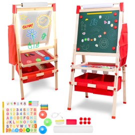 Light Up Easel for Kids 3 -in-1 Magnetic Chalkboard, LED Drawing Board with Adjustable Height and Paper Roll, 86 Accessories – Wooden Art Easel for Kids Ages 4-8 Years Old