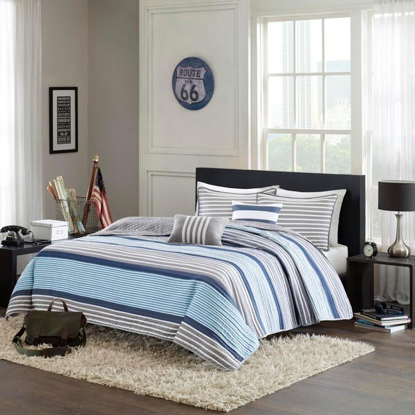 Intelligent Design Paul Reverisble Quilt Set, Modern Casual Stripes Design All Season Coverlet Bedspread Bedding Set Bedroom Décor, Full/Queen, Blue 5 Piece