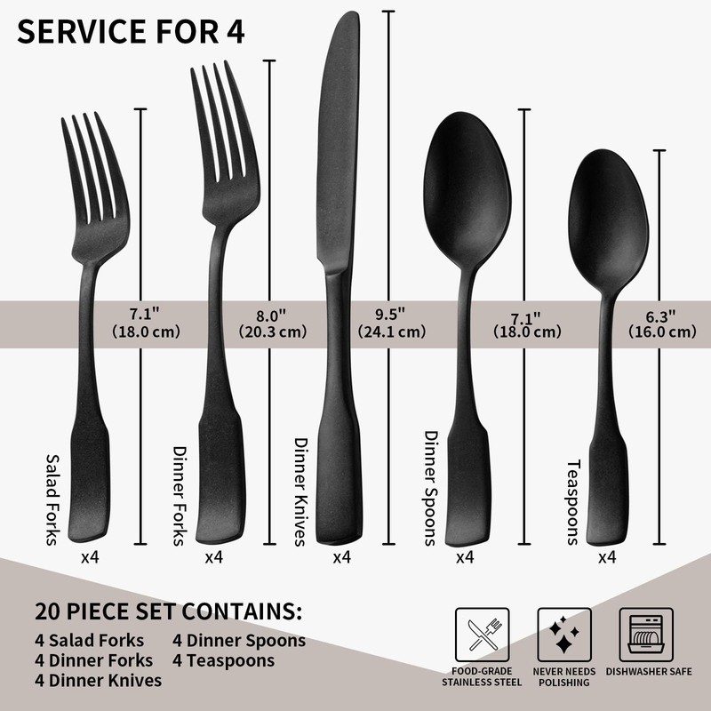 Alata Kate Black Tumbled 20-Piece Silverware Set,Service for 4,Stainless Steel