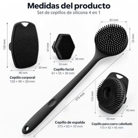 Cepillos de Silicona para Baño, Set de 4 para Espalda, Cabello y Rostro(B)