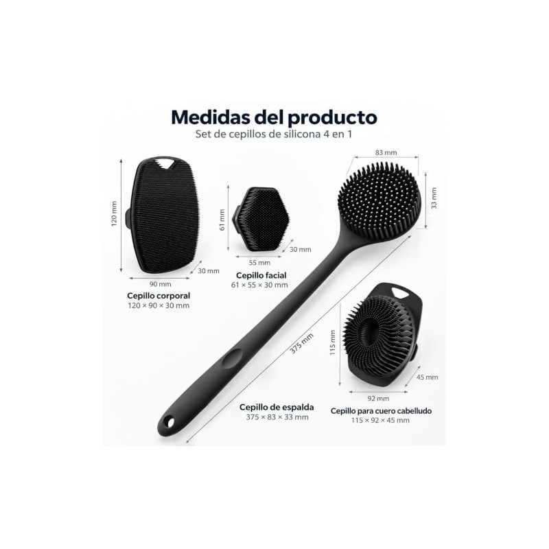 Cepillos de Silicona para Baño, Set de 4 para Espalda,