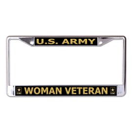 U.S. Army Woman Veteran Black Background Chrome License Plate Frame