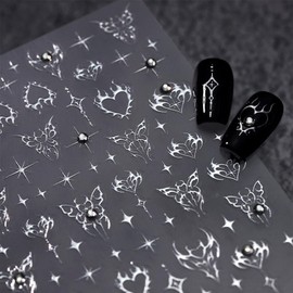 Silver Star Nail Art Stickers 5D Self Adhesive Heart Butterfly Nail Stickers for Nail Art Silver Nail Decals Rhinestone Design Star Nail Supplies for Women Girls