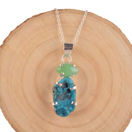 GEMSLOGY Natural Real Chrysocolla and Chrysophase Crystals Bezel Pendant Necklace, Double Stone Pendant, Healing Rough Gemstone, Birthday, Occasion Wear, Gift for Her (chrysocolla-chrysoprase)