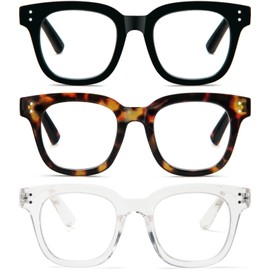 REAVEE 3 Pack Retro Oversized Reading Glasses for Women Blue Light Blocking Cute Stylish Large Frame Square Computer Readers Eye Protection with Spring Hinge,Black Tortoise Clear,1.5