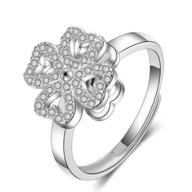 HMOOY Four Leaf Clover Rotating Ring, Lucky Leaf Engagement Open Ring Fashion Silver Adjustable Ring for Women Band Ring Four Leaf Clover Fidget Rings for Women (Silver)