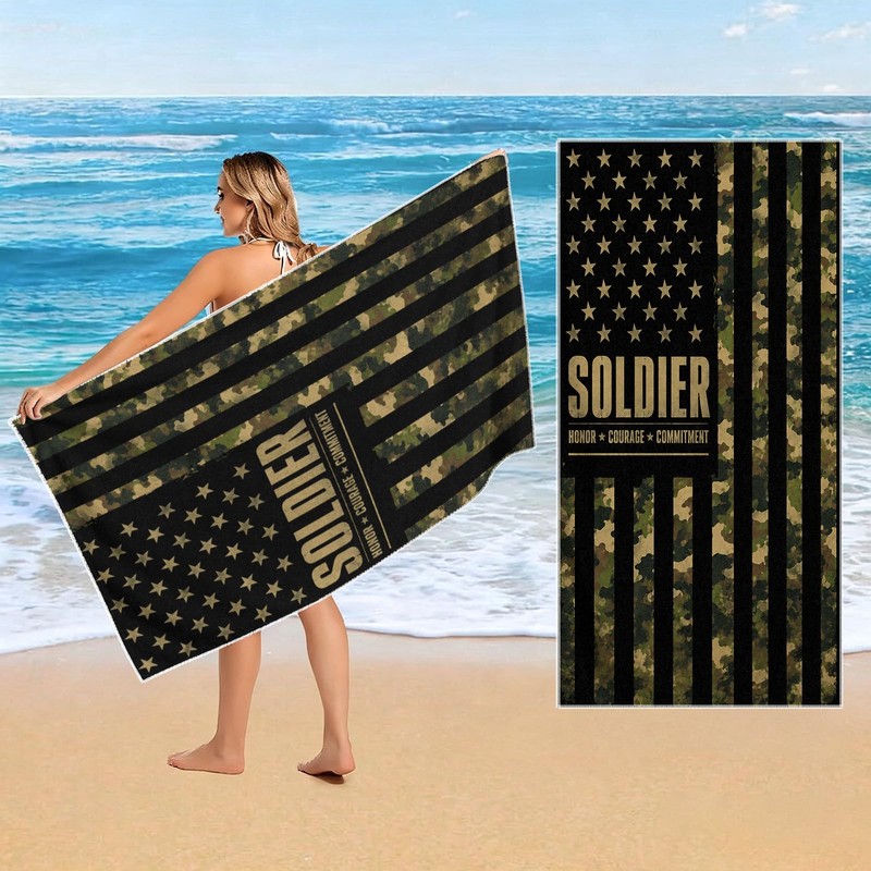 Camo USA Flag Faith Beach Towel, Large Absorbent Quick Dry