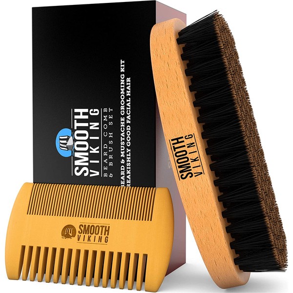 Beard & Mustache Brush and Comb Kit - Boar Bristle Beard Brush & Wooden Grooming Comb - Facial Hair Care Gift Set for Men - Distributes Products & Wax for Styling, Growth & Maintenance - Smooth Viking