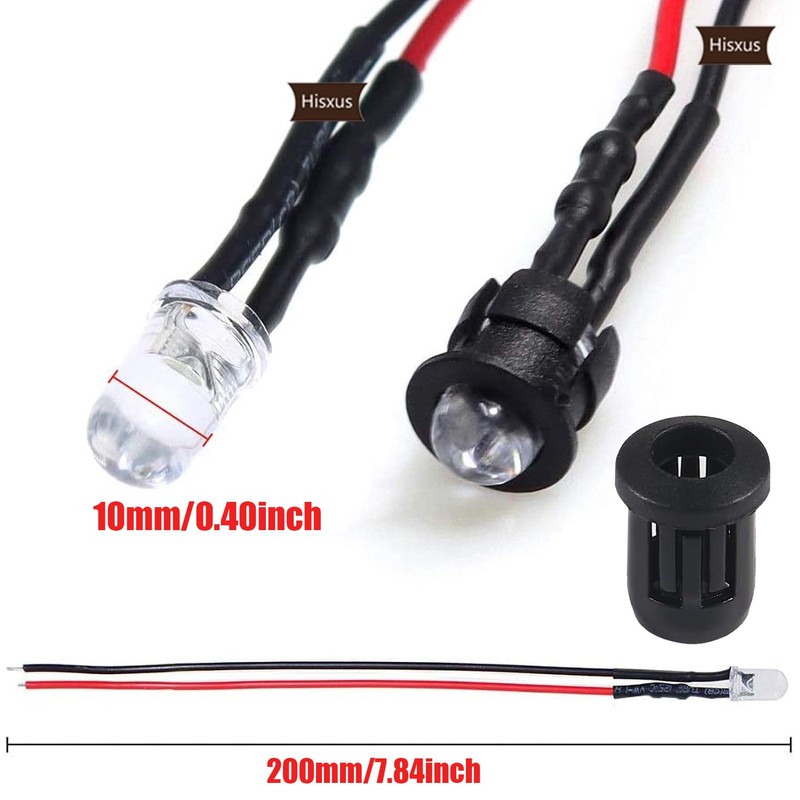 Hisxus 25Pcs 10MM White LED Pre-wired Water Clear Bulb 12V