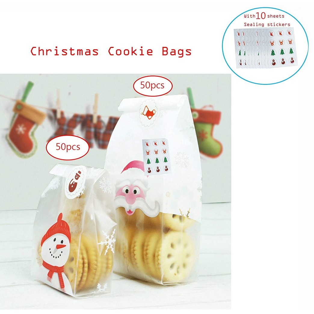 Christmas Treat Bags,Fashionclubs 100pcs/set OPP Flat Cello Cellophane Christmas Cookie Bakery Candy Biscuit Bags,Gift Wrapping Packaging Bags with Sealing Stickers