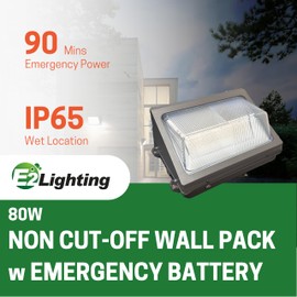 E2 Lighting 80W Non Cut Off LED Wall Pack with Emergency Battery Backup/Photocell, RoHs Compliant UL and DLC Certified LED Wall Packs Commercial, 5 Year Warranty CCT and wattage tunable