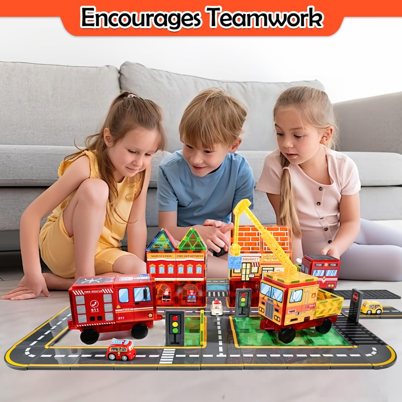 Drofex Magnetic Tiles Road Set with Fire Truck Magnetic Crane,