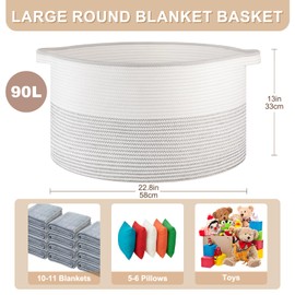 OIASKET Large Blanket Basket with Handles, 22.8" x 22.8" x 13" Woven Storage Basket for Living Room, Cotton Rope Baby Toy Storage for Clothes, Pillows, Towels-Black and White