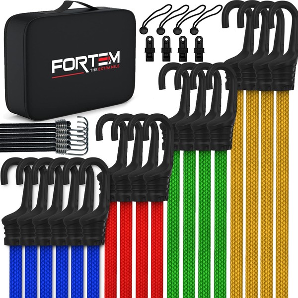 FORTEM Bungee Cord Assortment, 32pk Bungee Cords Multi Pack, Includes 10", 18", 24", 32", 40" Bungees and 8" Canopy/Tarp Ball Ties, Plastic Coated Metal Hooks