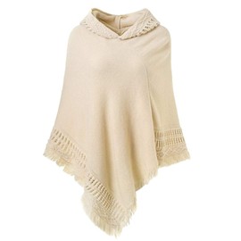 SUZALA Poncho Scarf Wrap, Women's Elegant Knitted Scarf Poncho with Fringes, Hood-light beige