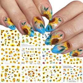 Vezocim Nail Art Stickers Decals, Holographic Sunflower Nail Water Transfer Decal Designs, Yellow Flower Butterfly Bee Nail Sticker Acrylic Supplies for Women Manicure Tips Decorations (A1633-1644)