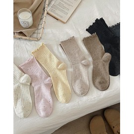 3 Pairs Women’s Ruffle Frilly Socks (CA/US, Alpha, One Size, Regular, Regular, Khaki + Coffee + Black)
