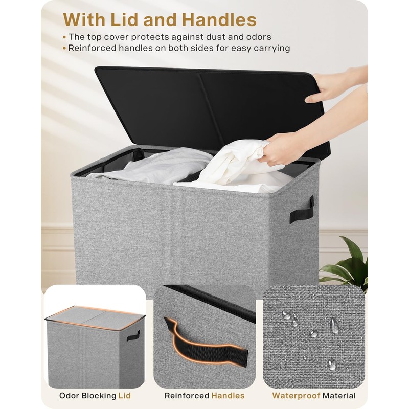 SOLEDI Double Laundry Hamper with Lid, 130L Clothes Hamper 2