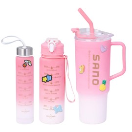 MUÜNSOY 3N1 Vaso Deportivo Español, 1L Botella De Agua Con Mango Popote para Carros, Botella Deportiva Sin BPA, Antifuga 1L Botella Para Bicicleta, 1L+7000ML+300ML 3pzs (VASOS ROSAS)