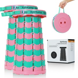 XplrKamp Retractable Folding Stool - Heavy Duty 400 lb Collapsible Portable Stool for Camping, Hiking, Fishing, Indoor/Outdoor with Non-Slip Base and Lightweight Design (Pink Green, 2-Pack)