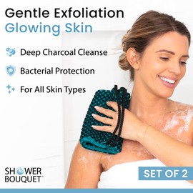 Japanese Exfoliating Washcloth Back & Body 2-Pack by Shower Bouquet: Silver Ions Prevent Bacteria, Activated Charcoal Removes Impurities; 1 Charcoal White, 1 Charcoal Green Exfoliating Towel Soft-Mild