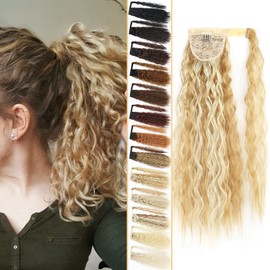 Inscca Ponytail Hairpiece Like Real Hair, Wavy Caramel Blonde & Blonde Bleached Hair Extensions for Women, Long Clip-In Extensions, 56 cm, 100 g