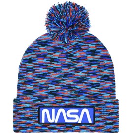 Concept One NASA Logo Knitted Acrylic Intarsia Winter Beanie Hat with Cuff and Pom, Multi, One Size