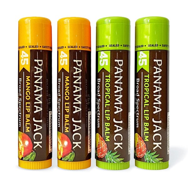 Panama Jack Sunscreen Lip Balm - SPF 45, Flavor Pack, Broad Spectrum UVA-UVB Sunscreen Protection, Prevents & Soothes Dry, Chapped Lips (Mango/Tropical)