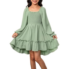 blibean Tween Girl Fall Ruffle Long Sleeve Dress Big Kid Solid Casual Boho Fancy Party Smocked Dresses Young Semi Formal Swing Dressy Outfit Clothes Size 8-9 Year Old Sage Green