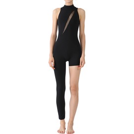 Dance Elite Xanthe Unitard for Women - Asymmetric Design Nylon Spandex Unitard with Slat mesh cut out (Black, Adult L)