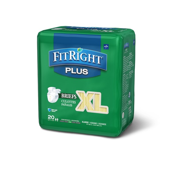 FitRight Plus Adult Diapers, Disposable Incontinence Briefs with Tabs, Moderate Absorbency, X-Large, 57"-66", 4 packs of 20 (80 total)