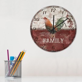 15'' Silent Non-Ticking Wall Clocks Battery Operated Farmhouse Rooster Animal Family Wall Decor for Patio Cockerel Chicken Paintings Farm Decorative Round Wooden Wall Clock Vintage for Indoor Nursery