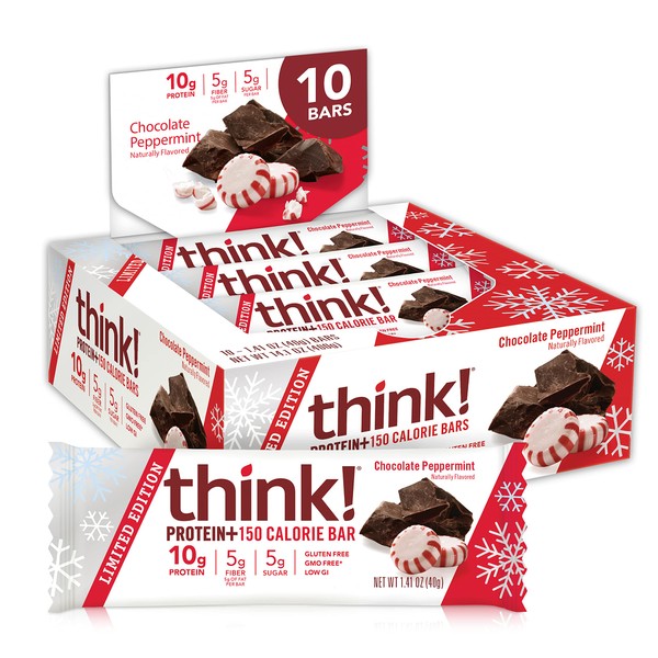 think! Protein+ 150 Calorie Bars - Chocolate Peppermint LIMITED EDITION, 10g Protein, 5g Sugar, No Artificial Sweeteners**, Gluten Free, GMO Free*, 1.4 oz bar (10 Count)