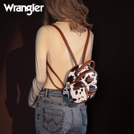 Wrangler Cow Print Mini Leather Backpack with Coin Pouch Cute Book Bag for Women Boho Daypack Perfect for Canadian Adventures LW-WG133-8600 BR