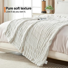 DREAMNINE Luxe Thick Fluffy Ruched Faux Rabbit Fur Throw Blanket for Couch 50" x 60", Decorative Super Soft Ruffle Warm Fuzzy Blanket for Winter, Double Sided Cozy Accent Shaggy Furry Blankets, White