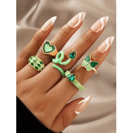 5 Pcs Emerald Rings Set for Women Open Stackable Rings Heart Stacking Rings Aesthetic Midi Rings Set Jewelry for Girls