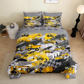 PALENVILI 7 Pieces Kids Toddler Bed in a Bag Twin Size Construction Comforter Set for Boys Girls Teens Truck Car Bedding Set with Comforter, Sheets, Pillowcases & Shams