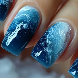 Summer Press on Nails Medium Square Fake Nails Blue White False Nails with Sea Wave Designs Blue Glue on Nails Spring Stick on Nails Full Cover Cute Acrylic Nails Glossy Artificial Nails