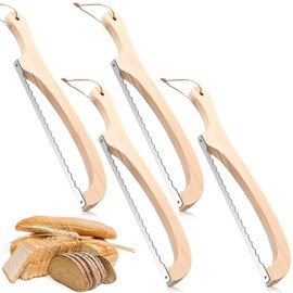 Lanties 4 Pack 16'' Bread Slicer for Homemade Bread, Wooden Sourdough Knife with Bow Design, Stainless Steel Serrated Saw Cutter for Bagels, Baguettes