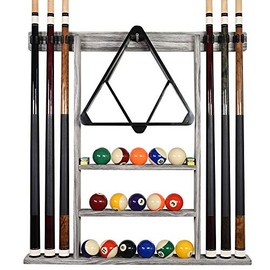 BILLIARDS XPRESS Pool Cue Rack - Pool Stick Holder Wall Mount with 16 Ball Holders & 6 Pack of Chalk - Rubber Circle Pads & Large Clips Prevent Damage - Billiard Table Accessories for Man Cave (Gray)
