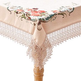 Violet Linen Decorative Printed Ascott Tablecloth with Lace Trimming, Ivory, 70" x 105"