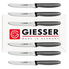 Giesser since 1779, Made in Germany, serrated Utility kitchen knives round tip dishwasher safe 4.5 inch - paring knife, Tomato knife, black steak knives set of 6, restaurant knife