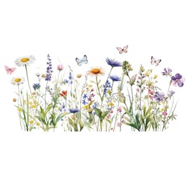 Wildflower Grass Daisy Wall Decals, Garden Floral Butterflies Flower Wall Stickers, BWCXXZH Self-Adhesive Wall Art Stickers for Girls Bedroom Living Room Nursery Decor