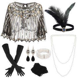 10 Pieces 1920s Flapper Gatsby Accessories Set Fashion Roaring 20's Theme Set with Headband Headpiece for Women Black