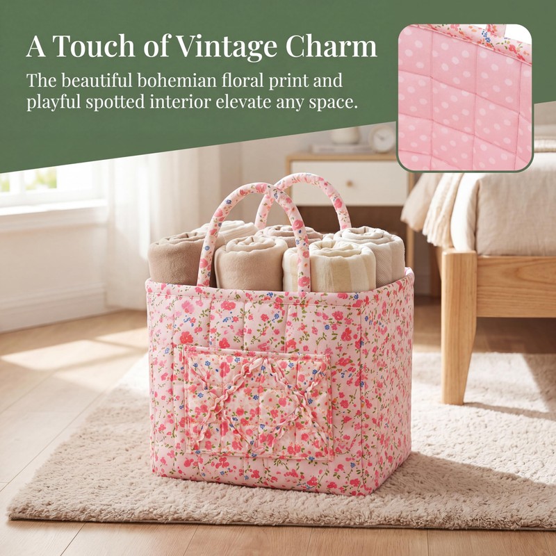 Quilted Laundry Basket with Handles—Multifunctional Fabric Storage Basket, Bohemian-Style Fabric