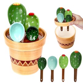 BigNoseDeer - Juego de tazas y cucharas medidoras de cerámica en forma de cactus, juego de 4 cucharas medidoras para cocina, regalos de inauguración de la casa, para el hogar nuevo, para mujeres