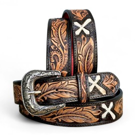 DANIEL'S ARTPLANET Western Belt for Men Full Grain Leather Handmade Tooled Cowboy Belt with Removable Buckle 1.5” (Fits size 44 jeans)