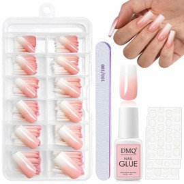 DMQ Square Press on Nails Long, 120Pcs French Ombre Press on Nails with Glue - Fake Nails Pink Gradient Color French False Nail Kit - 12 Sizes Glossy Full Cover Stick on Nails Nail Art Manicure