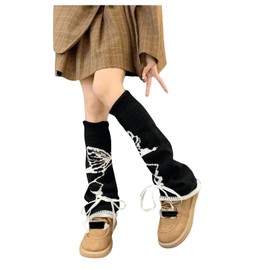SHENHE Women's Knit Leg Warmers Y2k Butterfly Print Lace Up Kawaii Flared Leg Warmers Black and White One-Size